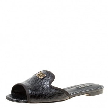 Pre Owned Dolce and Gabbana Black Lizard Embossed Leather Sofia Slides Size 37