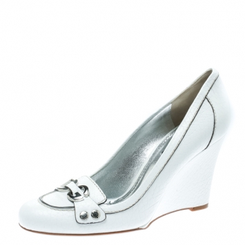Pre Owned Dolce & Gabbana White Leather Logo Detail Wedge Pumps Size 38