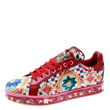 Pre Owned Dolce and Gabbana Multicolor Majolica Print Leather Platform Sneakers Size 38.5