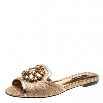 Pre Owned Dolce and Gabbana Metallic Gold Brocade Fabric Sofia Crystal Embellished Flat Slides Size 37