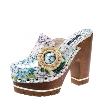Pre Owned Dolce and Gabbana Multicolor Hydrangea Print Patent Leather Taormina Platform Clogs Size 36.5