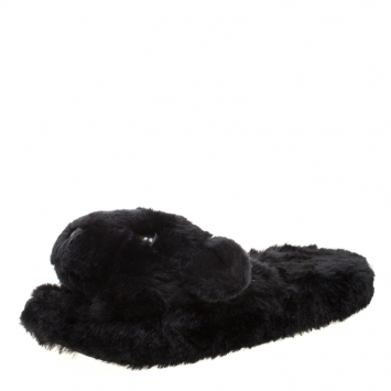 Pre Owned Dolce and Gabbana Black Faux Fur Panther Plush Flat Slides Size 39