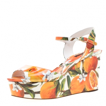 Pre Owned Dolce and Gabbana Orange Print Patent Leather Ankle Strap Platform Wedge Sandals Size 38