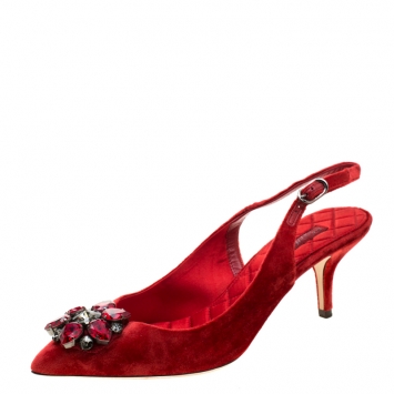 Pre Owned Dolce And Gabbana Red Velvet  Bellucci Crystal Embellished Pointed Toe Slingback Sandals Size 38.5