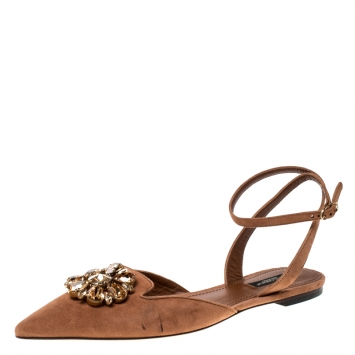 Pre Owned Dolce and Gabbana Brown Suede Crystal Embellished Ankle Strap Flats Size 40