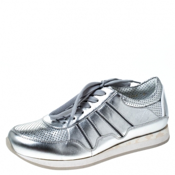 Pre Owned Dolce & Gabbana Metallic Silver Leather Lace Up Sneakers Size 36.5
