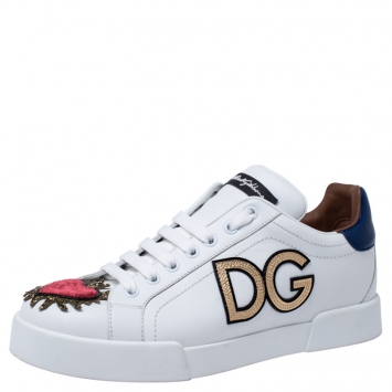 Pre Owned Dolce & Gabbana White Leather Portofino Sacred Heart Lace Up Sneakers Size 39.5