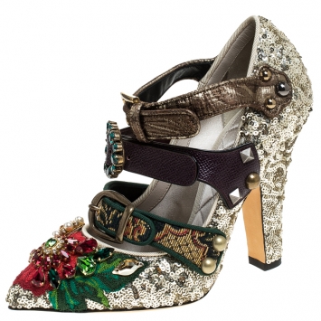 Pre Owned Dolce & Gabbana Multicolor Mixed Media Crystal Embellished Mary Jane Pumps Size 36