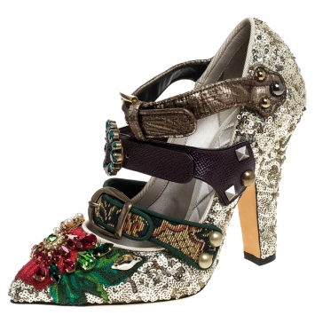 Pre Owned Dolce & Gabbana Multicolor Mixed Media Crystal Embellished Mary Jane Pumps Size 38