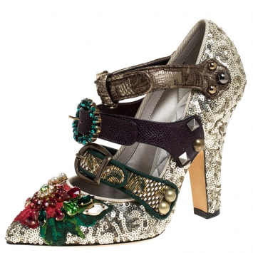 Pre Owned Dolce & Gabbana Multicolor Mixed Media Crystal Embellished Mary Jane Pumps Size 37