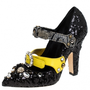 Pre Owned Dolce & Gabbana Black Mixed Media Crystal Embellished Mary Jane Pumps Size 39.5
