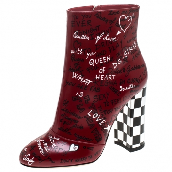 Pre Owned Dolce & Gabbana Red Leather Graffiti Ankle Boots Size 39