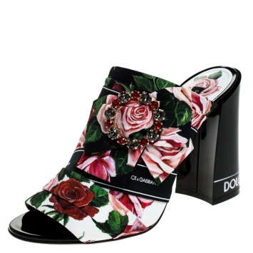 Pre Owned Dolce and Gabbana Multicolor Floral Printed Fabric Crystal Embellished Bow Open Toe Mules Size 36