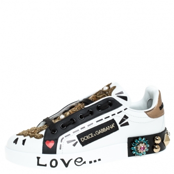 مملوكة مسبقًا Dolce and Gabbana White/Black Leather Portofin Embellished Low Top Sneakers Size 38