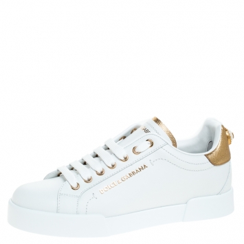Pre Owned  Dolce and Gabbana White/Gold Leather Portofino Pearl Embellished Low Top Sneakers Size 37