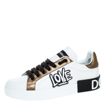 Pre Owned Dolce and Gabbana White/Gold Leather Portofino Low Top Sneakers Size 39