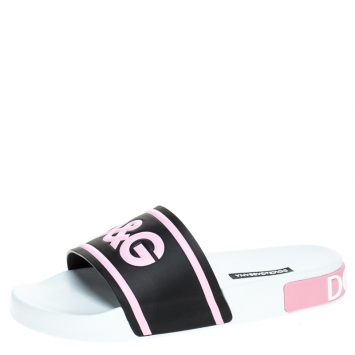 Pre Owned Dolce and Gabbana Black/Pink Rubber I Love Flat Slides Size 38