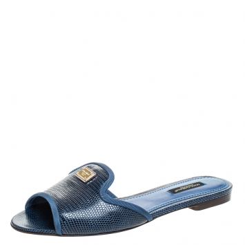 Pre Owned Dolce and Gabbana Blue Lizard Embossed Leather Sofia Slides Size 37.5