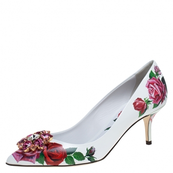 Pre Owned Dolce & Gabbana White Leather Jeweled Floral Print Pointed Toe Pumps Size 40