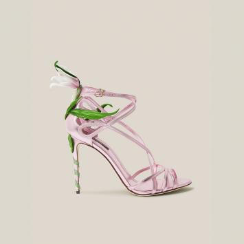Pre Owned Dolce & Gabbana Pink Lily-Appliquéd Metallic High Heel Leather Sandals Size IT 37