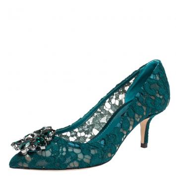 Pre Owned Dolce & Gabbana Green Lace Jeweled Embellishment Pointed Toe Pumps Size 36
