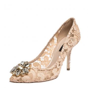 Pre Owned Dolce & Gabbana Pink Lace Jeweled Embellishment Pointed Toe Pumps Size 38