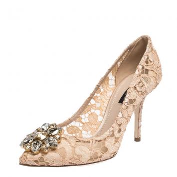 Pre Owned Dolce & Gabbana Pink Lace Jeweled Embellishment Pointed Toe Pumps Size 38.5