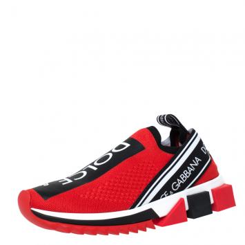 Pre Owned Dolce & Gabbana Red Stretch Jersey Logo Print Slip On Sneakers Size 38.5