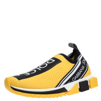 Pre Owned Dolce & Gabbana Yellow/Black Stretch Jersey Logotape Print Slip On Sneakers Size 41