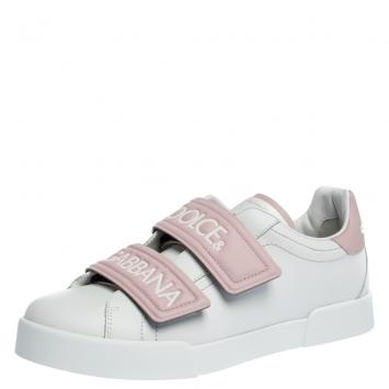 Pre Owned Dolce & Gabbana White/Pink Leather Logo Velcro Straps Sneakers Size 40.5