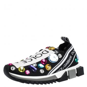 Pre Owned Dolce & Gabbana Black/White Stretch Jersey Crystal Embellished Slip On Sneakers Size  38