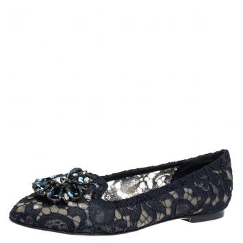مملوكة مسبقًا Dolce & Gabbana Blue Lace Jeweled Embellishment Ballet Flats Size 36