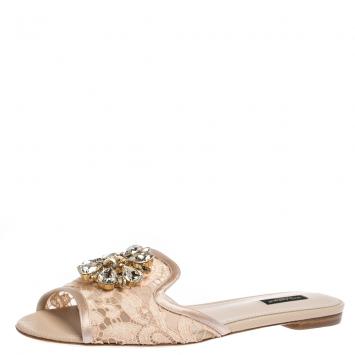 Pre Owned Dolce & Gabbana Pink Lace Jeweled Embellishment Flat Slides Size 41