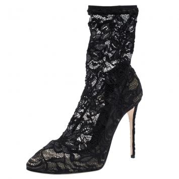 Pre Owned Dolce & Gabbana Black Stretch Lace Pointed Toe Ankle Booties Size 39