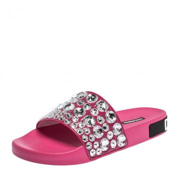 Pre Owned Dolce & Gabbana Fuchsia Leather Rhinestone Embellishment Slides Size 40