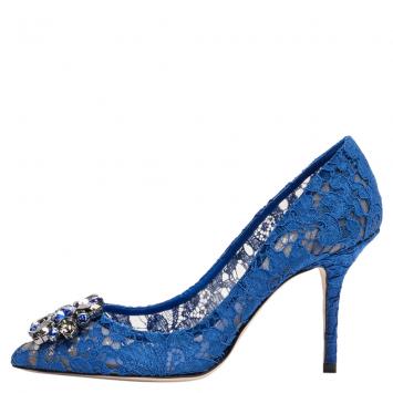 Pre Owned Dolce & Gabbana Blue Lace Jeweled Embellishment Pointed Toe Pumps Size 36