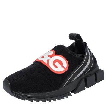 Pre Owned Dolce & Gabbana Black Stretch Technical Fabric DG Patch Slip On Sneakers Size 37