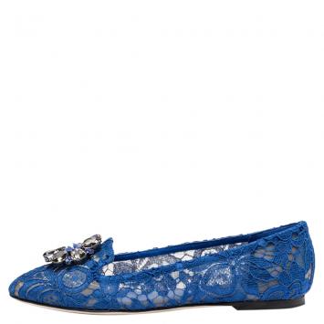 Pre Owned Dolce & Gabbana Blue Lace Jeweled Embellishment Ballet Flats Size 40
