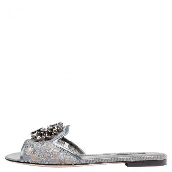 Pre Owned Dolce & Gabbana Grey Lace Jeweled Embellishment Flat Slides Size 37