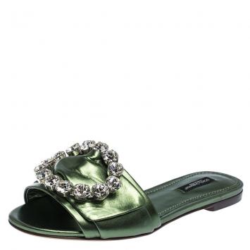 Pre Owned Dolce & Gabbana Green Leather Jeweled Embellished Flat Slides Size 38