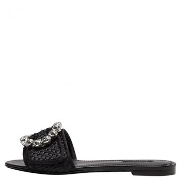 مملوكة مسبقًا Dolce & Gabbana Black Woven Raffia Jeweled Embellished Flat Slides Size 38