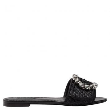 مملوكة مسبقًا Dolce & Gabbana Black Woven Raffia Jeweled Embellished Flat Slides Size 38