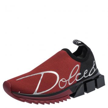 Pre Owned Dolce & Gabbana Red/Black Stretch Jersey Logo Print Slip On Sneakers Size 38.5
