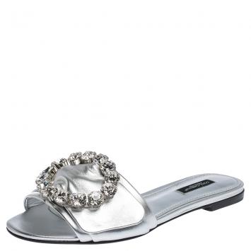 Pre Owned Dolce & Gabbana Silver Leather Jeweled Embellished Flat Slides Size 39
