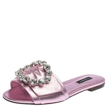 مملوكة مسبقًا Dolce & Gabbana Pink Leather Jeweled Embellished Flat Slides Size 38