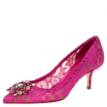 Pre Owned Dolce & Gabbana Fuchsia Lace Jeweled Embellishment Pointed Toe Pumps Size 37