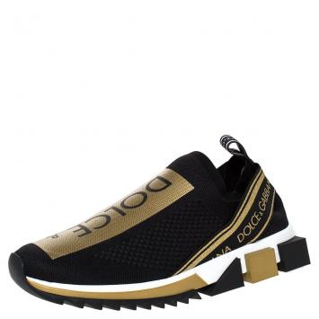 Pre Owned Dolce & Gabbana Black/Gold Stretch Jersey Logo Print Slip On Sneakers Size 40.5