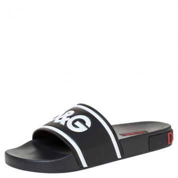 Pre Owned Dolce & Gabbana Black Leather and Rubber Slides Size 40