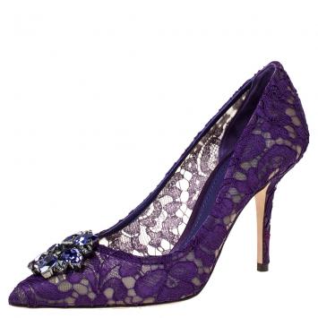 Pre Owned Dolce & Gabbana Purple Lace Jeweled Embellishment Pointed Toe Pumps Size 40