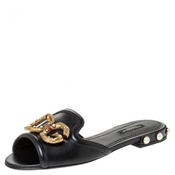 Pre Owned Dolce & Gabbana Black Leather DG Amore Flat Slides Size 36